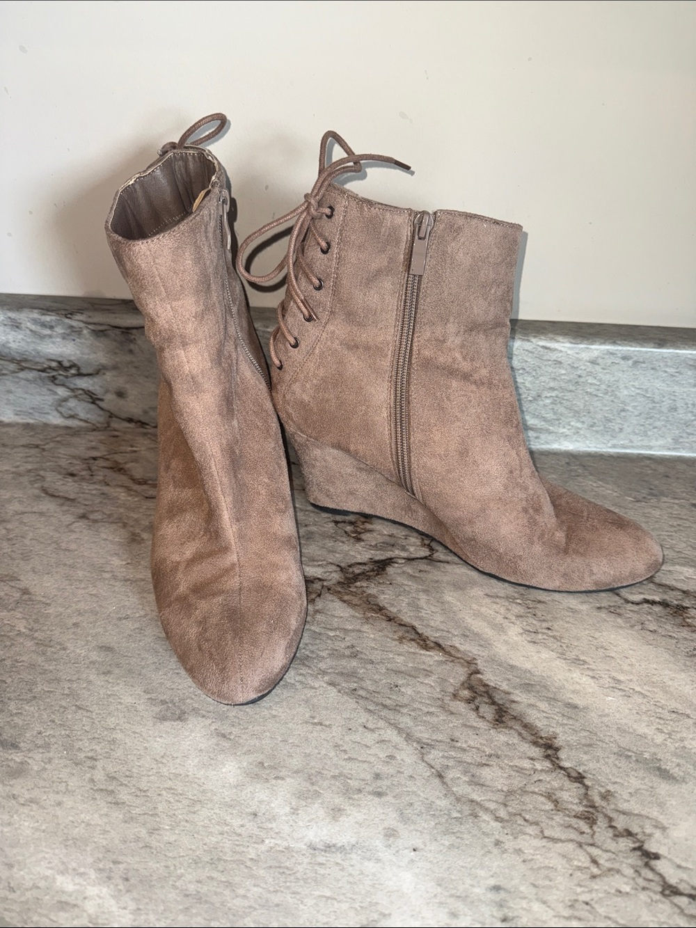 2 Lips Too Taupe Suede Wedge Ankle Boots with Lace-Up Back